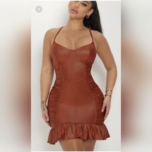 Faux Leather Look Ruched Ruffle Chocolate Brown Sexy Dress size M.